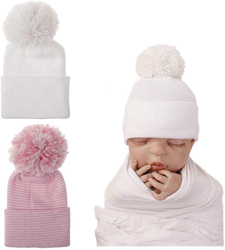 Newborn Hat for Baby Girl Hospital Beanie with Bow Infant Baby Boy Nursery Hats and Soft No Scratch Mittens for 0-3Months (Pom Set(White&Pink), 0-3Months)