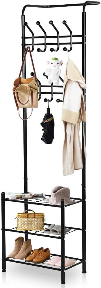 Liusin Coat Rack Shoe Bench, 3-in-1 Hall Tree Entryway Storage Shelf Coat Rack Stand Free Standing Metal Hall Tree with Hanging Bar and 9 Hooks Easy Assembly (Vintage)