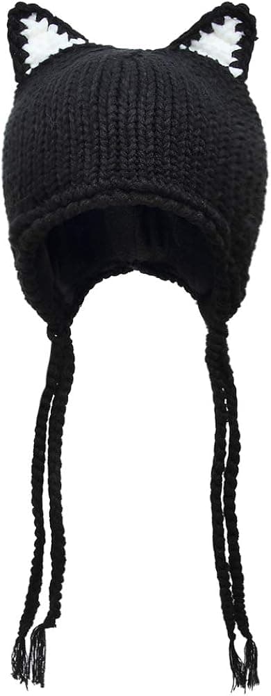 BIKMAN Cute Cat Ears Knit Hat Ear Flap Crochet Beanie Hat Black