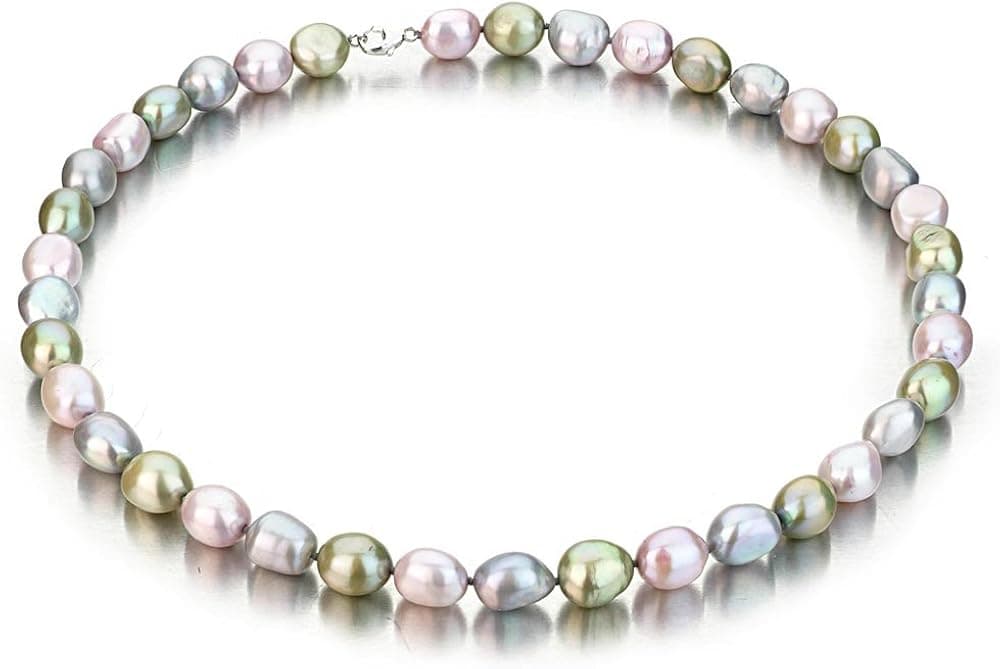 Sterling Silver 10-11mm Baroque Multi Color Grey, Lavender, and Green Freshwater Cultured Pearl Necklace AA+ Quality, 18 Inch