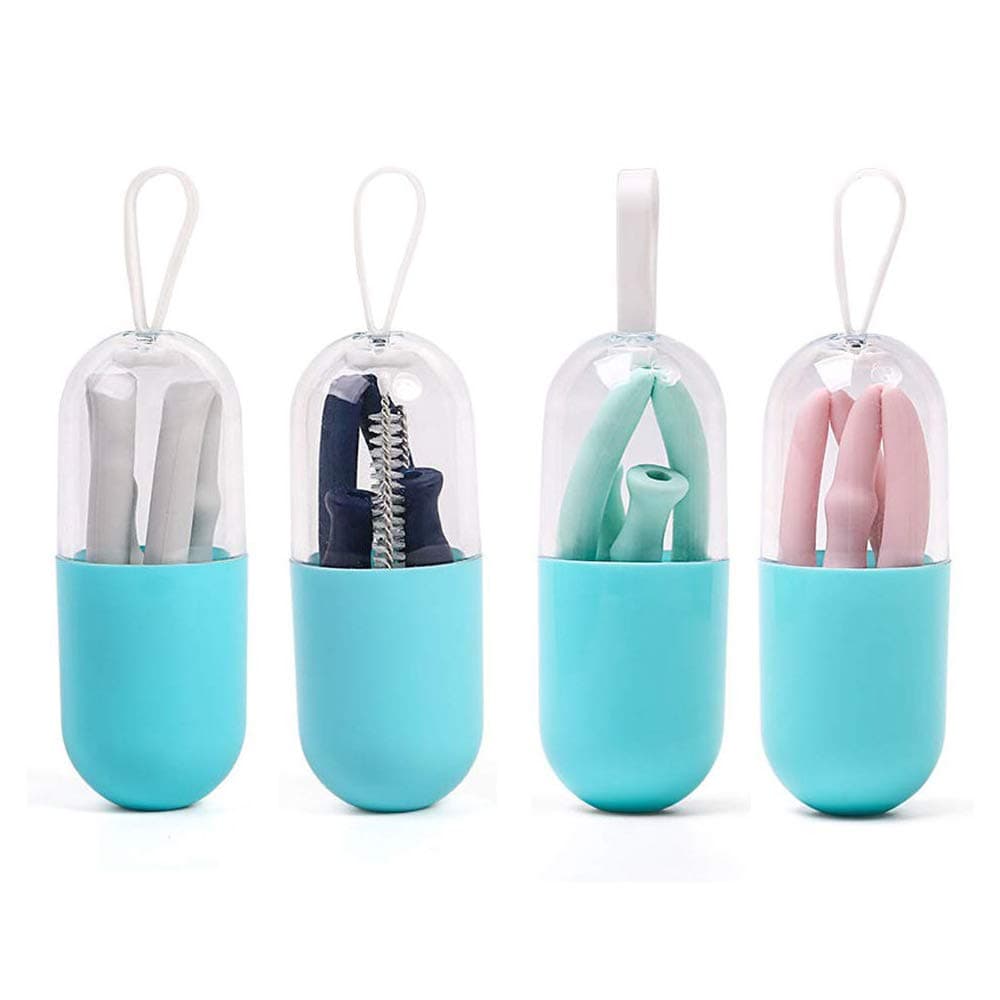 Collapsible Straws, 4 Pack Reusable Silicone Straws with Carrying Case, Portable Folding Drinking Straws with Cleaning Brush for Travel Home Office