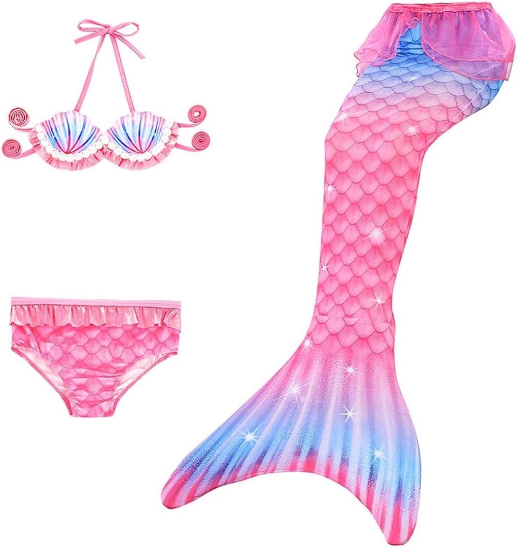 Navoky Mermaid Tails Swimsuit with Monofin for Swimming Colorful Princess Bathing Swimwear with Fins for Girls and Kids (Hotpink, 9-10Years)