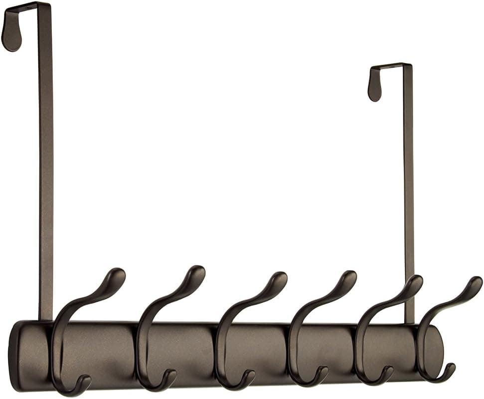 InterDesign Bruschia Over Door Storage Rack – Organizer Hooks for Coats, Hats, Robes, Clothes or Towels – 6 Dual Hooks, Bronze