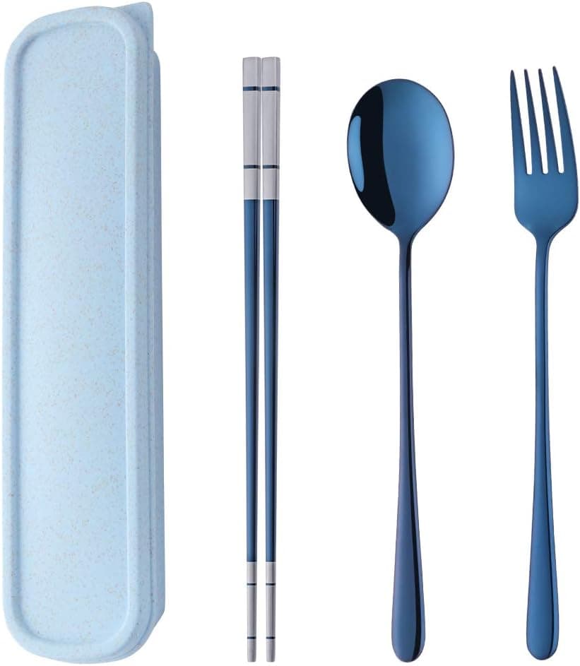 Do Buy 3 PCS Stainless Steel Travel Camping Flatware Set Fork Spoon Chopsticks with Portable Case, Blue
