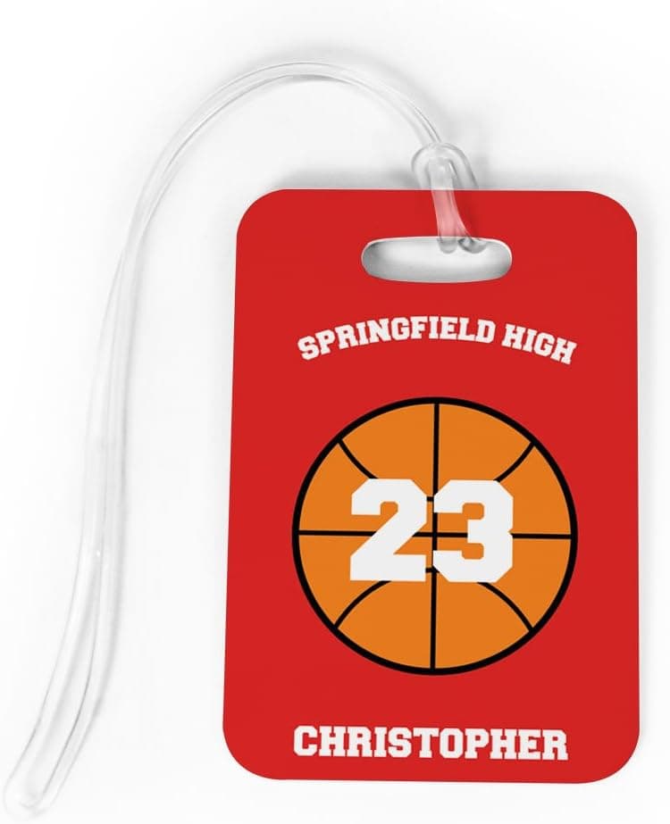 Basketball Luggage & Bag Tag | Personalized Basketball Team Ball | Standard Lines on Back | Medium | RED