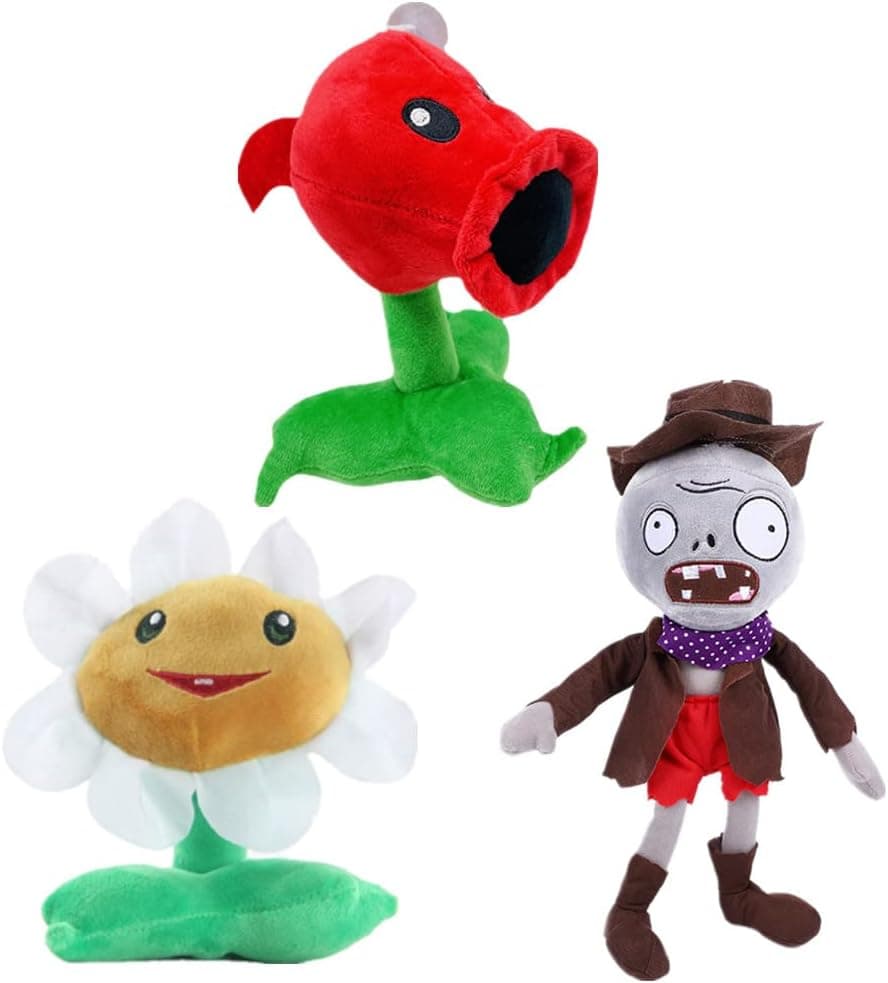 JHESAO 3 PCS Plants and Zombies vs Peashooter Plush Sets Zombies Toy, 1 2 Stuffed Soft Doll Cowboy Zombie, Marigold PVZ Figure Doll New