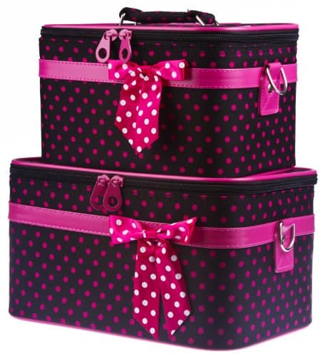 Ever Moda Polka Dot Cosmetic Makeup Train Case (2-piece set) (Black Pink)