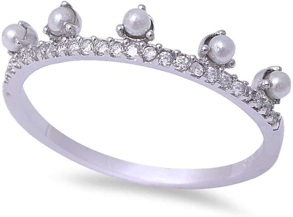 Oxford Diamond Co White Simulated Pearl & Cubic Zirconia .925 Sterling Silver Ring Sizes 5-9