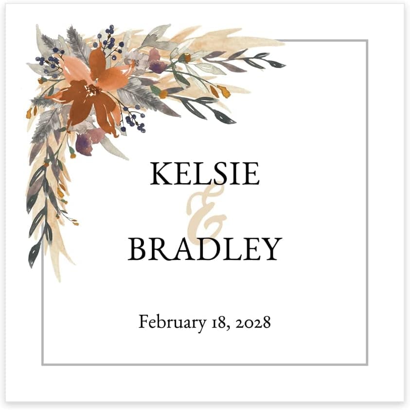 Indie Autumn Floral Personalized Wedding Beverage Napkins / 100 Custom 4 3/4" x 4 3/4" Boho Floral Cocktail Napkins/Bridal Shower Engagement Party Supplies/Made In The USA