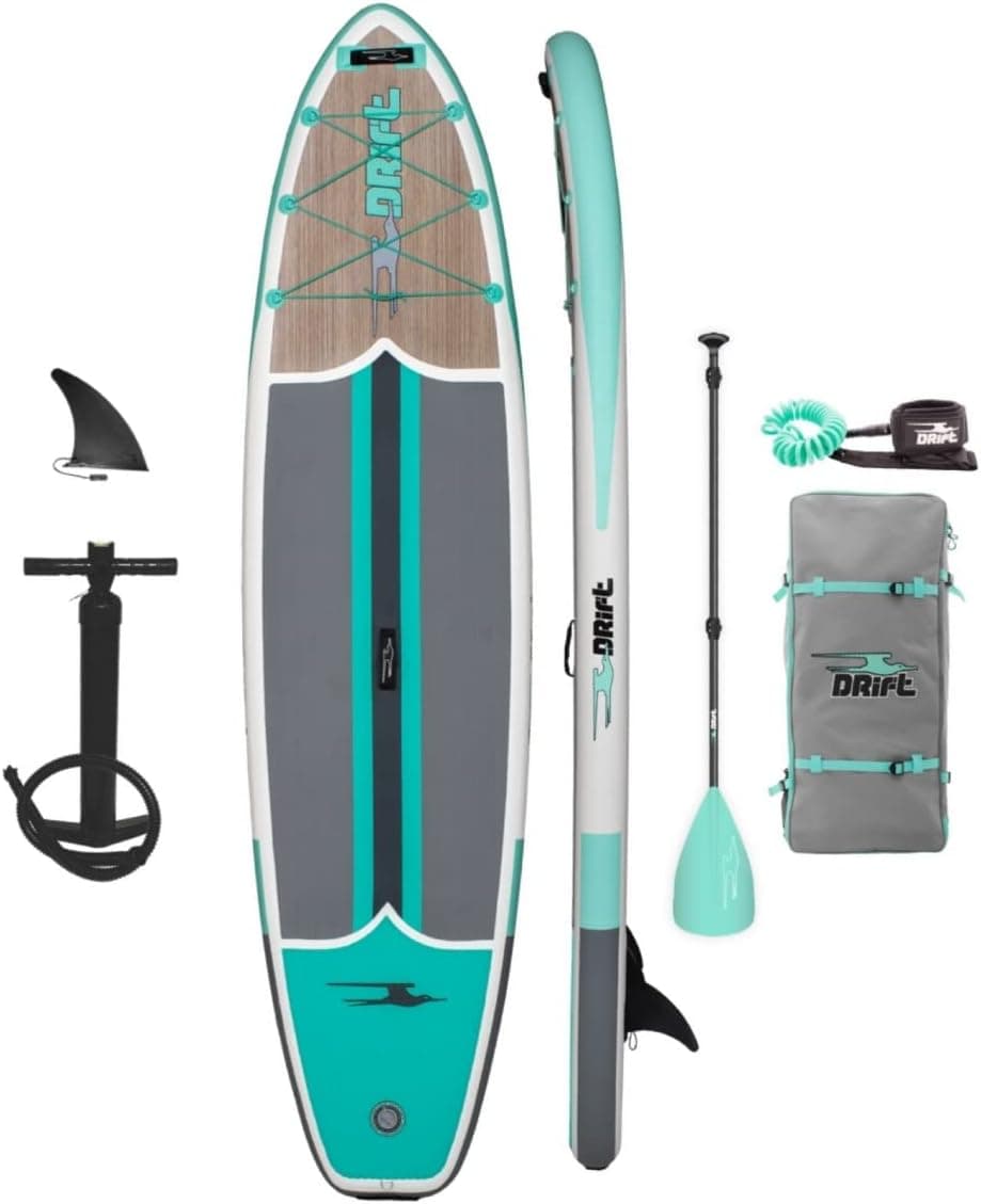 Drift Inflatable Stand Up Paddle Board, SUP with Paddle, Backpack Travel Bag, Pump, Fin, & Coiled Leash