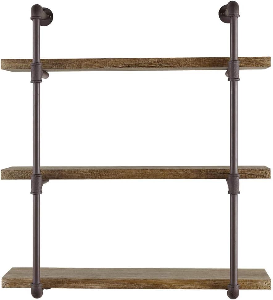 Decorative Floating 3-Tier Wall Mounted Hanging Pipe Shelves - Rustic, Urban and Industrial Décor,Wall Mounted Shelf - Perfect for Living Room,Dining Room,Kitchen,Bedroom,Nursery or Office, Brown