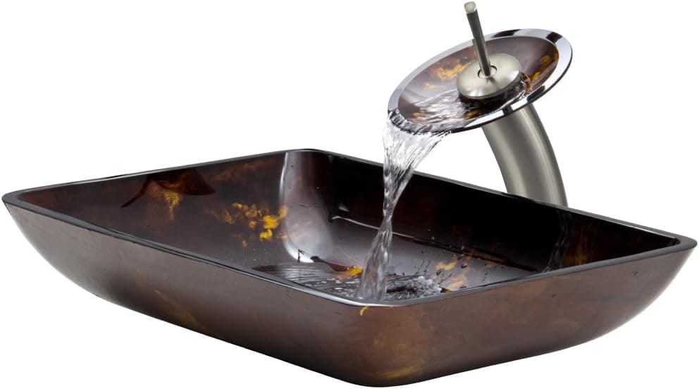 VIGO Rectangular Brown and Gold Fusion Glass Vessel Bathroom Sink and Waterfall Faucet with Pop Up, Brushed Nickel