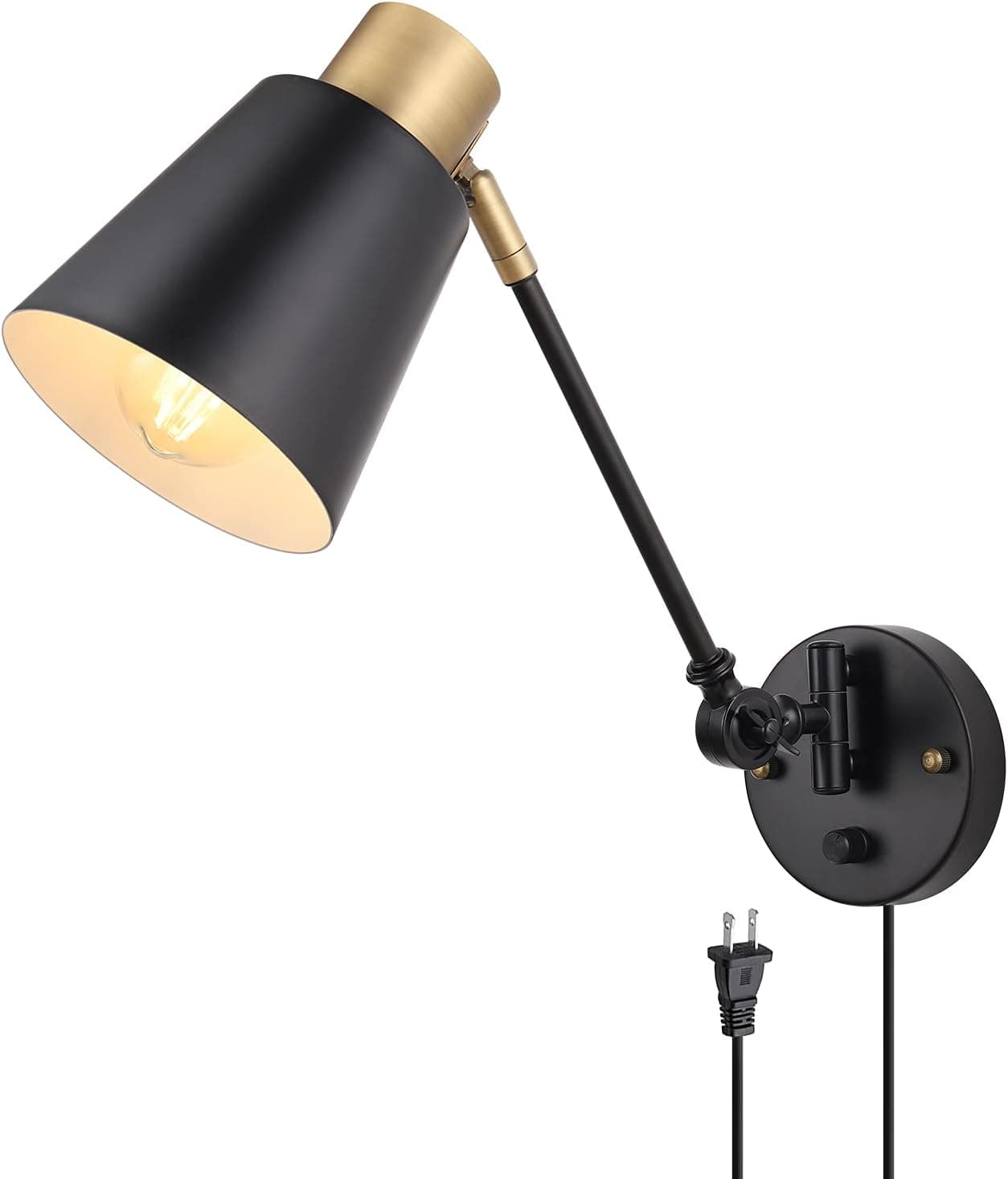 ENCOMLI Dimmable Wall Lamp with Plug in Cord, Plug in Wall Sconces, Swing Arm Sconces Wall Lighting with On Off Switch, Metal Black Brass Industrial Wall Sconce Plug in Wall Light, E26 Base