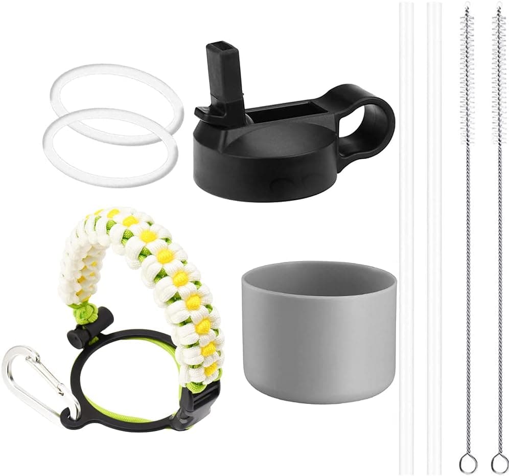 Zerism Wide Mouth Straw Lid and Silicone Boot for 12-40 oz Sports Water Bottles, Add 1 Paracord Handle, 2 Straws, 2 Brushes, 2 Replacement Gaskets, Full Value 9-Products Pack