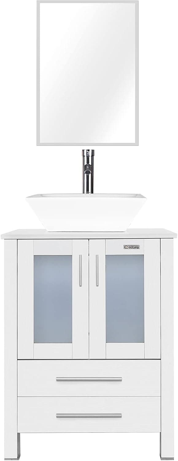 eclife 24" Bathroom Vanity and Sink Combo White Small Vanity W/Square White Ceramic Vessel Sink & 1.5 GPM Water Save Faucet & Solid Brass Pop Up Drain, with Mirror(Contemporary/A07B02W)