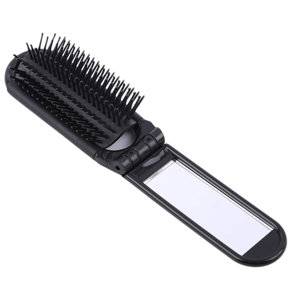 GOMYIE Folding Hair Brush With Mirror Compact Pocket Size Travel Car Gym Bag Purse Locker(black)
