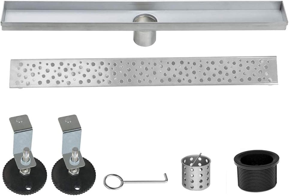 WINSOON 48 Inch Shower Linear Drain,Round Pattern Grate, Brushed 304 Stainless Steel Rectangle Shower Floor Drain, Adjustable Leveling Feet,Hair Strainer (48 in)