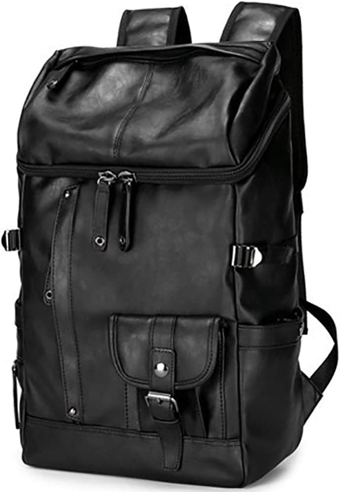 HuaChen Travel PU Leather Backpack for Men Women,Laptop Backpack for College (YZ24_Black)