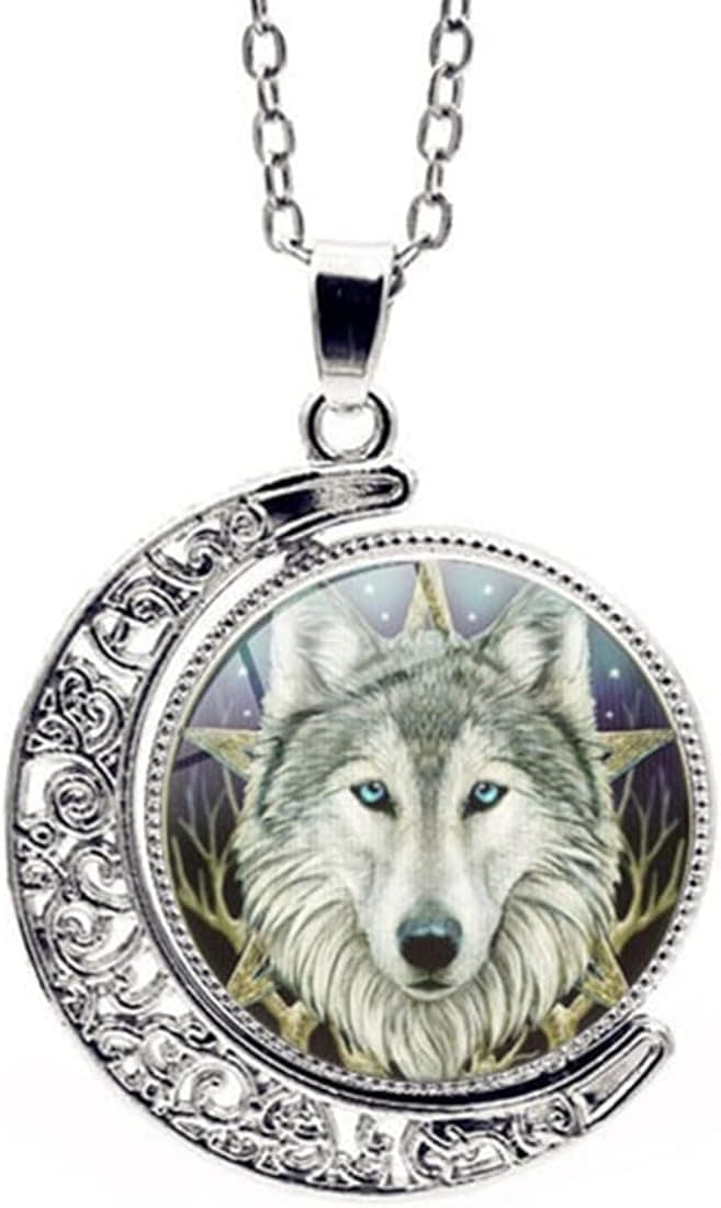 DEQIYIJI Wolf Gifts Celtic Wolf Head Necklace Jewelry For Women Men Teen Girls Boys Crescent Half Moon Pendant Necklace