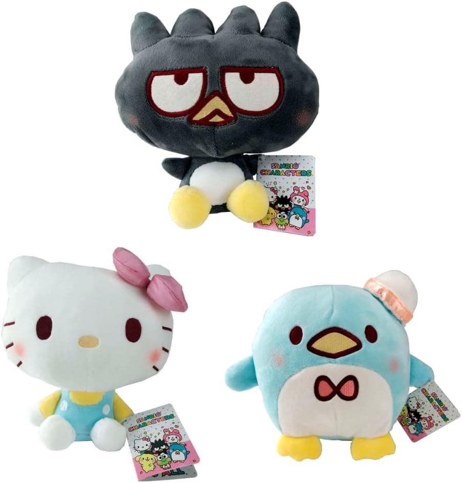 Hello Kitty Sanrio Themed 20cm 8" Plush Toys Super Soft Velboa Plush 3 Pack - Tuxedo Sam, Badtz-Maru