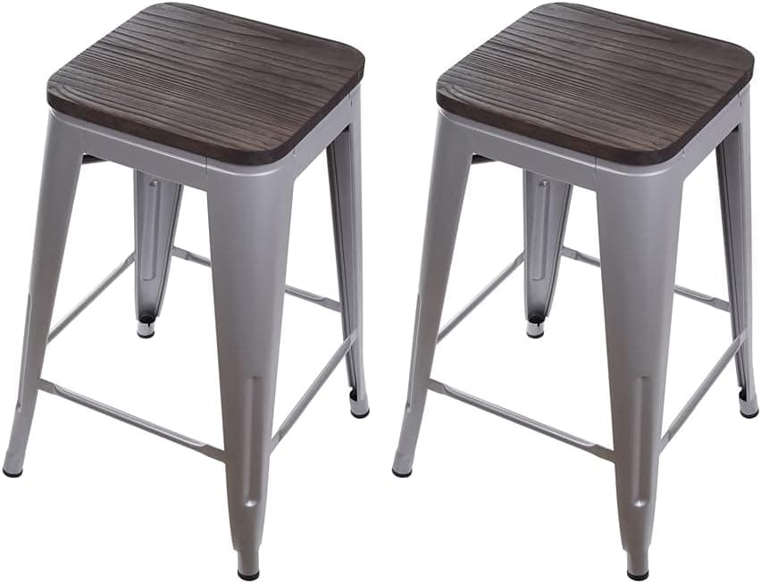 Gia Design Group 24" Gray Metal Counter Stools with Wooden Seat(2 Pack) - Weight Capacity of 300+ Pounds - Extra Durable and Stackable - Pre Assembled - 12"x12" Seat