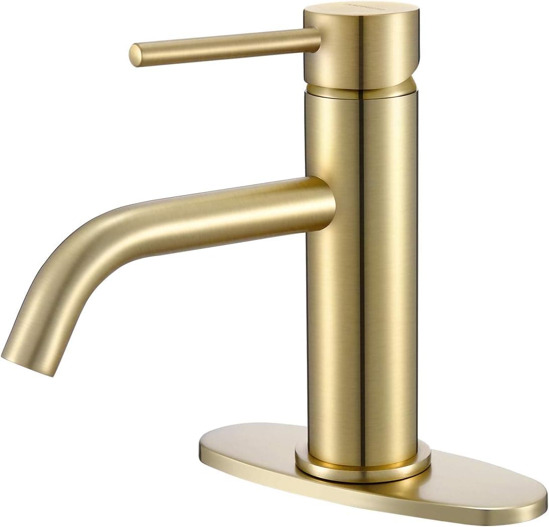 Bathroom Faucet Lead-Free Solid Brass Construction Single Handle Single Hole with Supply Lines & Cover Plate in Brushed Gold