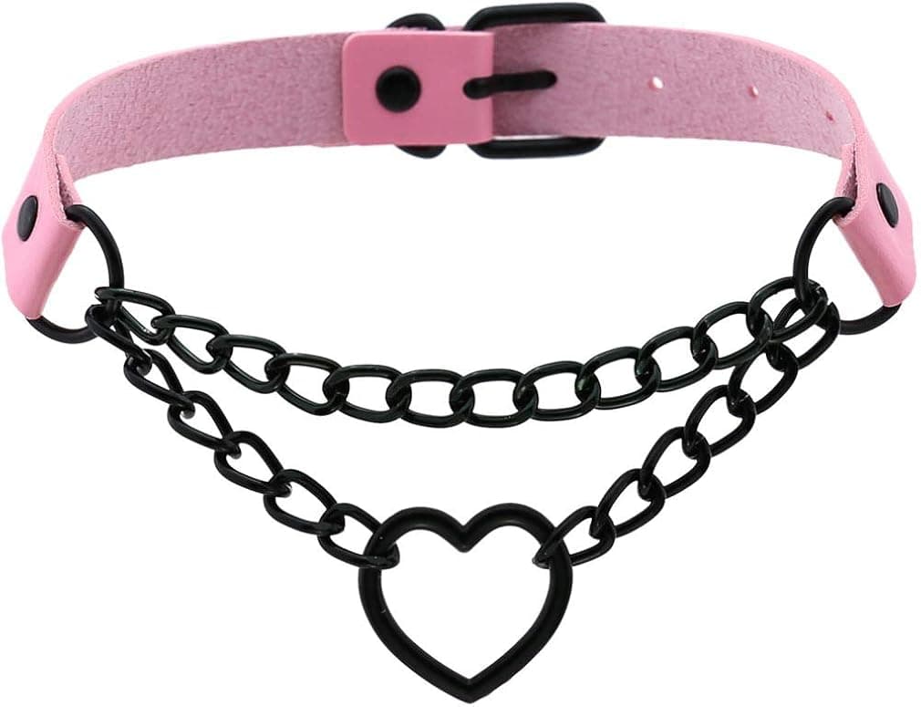 FM FM42 PU Simulated Leather Gothic Punk Black-tone Silver-tone Heart Ring Cuban Curb Link Chain Adjustable Neckband Collar Choker