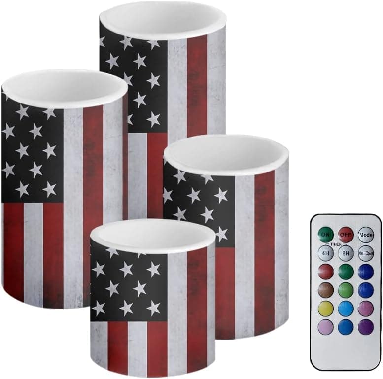 FKELYI Patriotic Decor American Flag Flameless Flickering Candles 4 Pack Battery Operated Pillar Real Wax Color Changing LED Candles Set