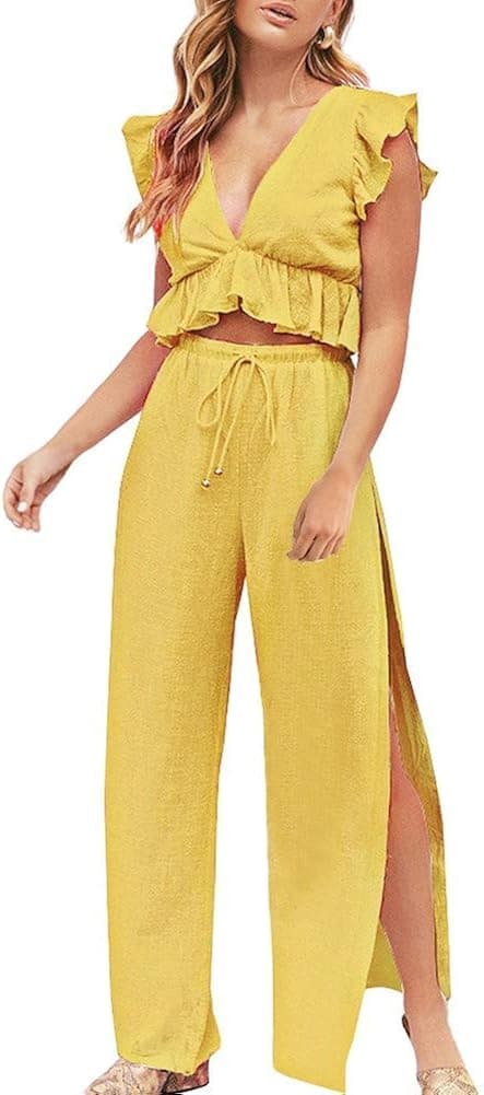 FANCYINN Womens 2 Pieces Outfits Deep V Neck Crop Top Side Slit Drawstring Wide Leg Pants Set Jumpsuits