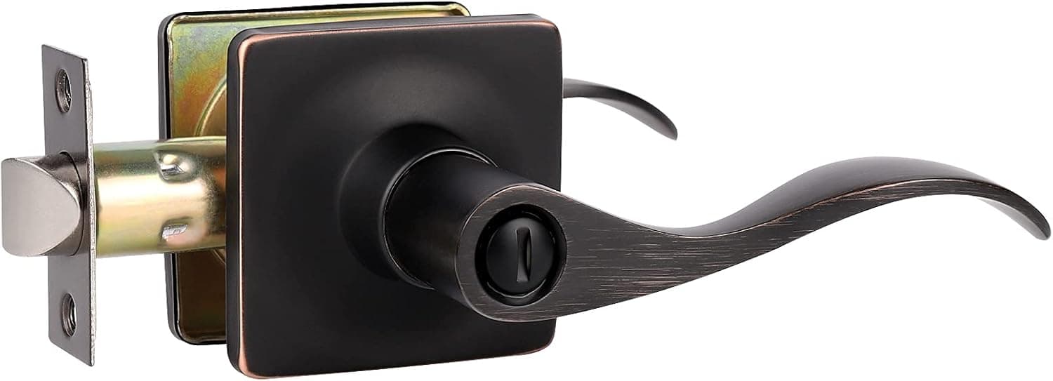 GOBEKOR 1 Pack Door Handles Oil Rubbed Bronze Privacy Door Lever Square Interior Door Handle with Lock Bedroom Bathroom Door Handle Set Wave Door Lock