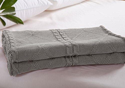 iSunShine® Cotton Knitted Diamond & Cable Throw Soft Warm Blanket Diamond Knitting Pattern, 70x 78 Inches, Grey