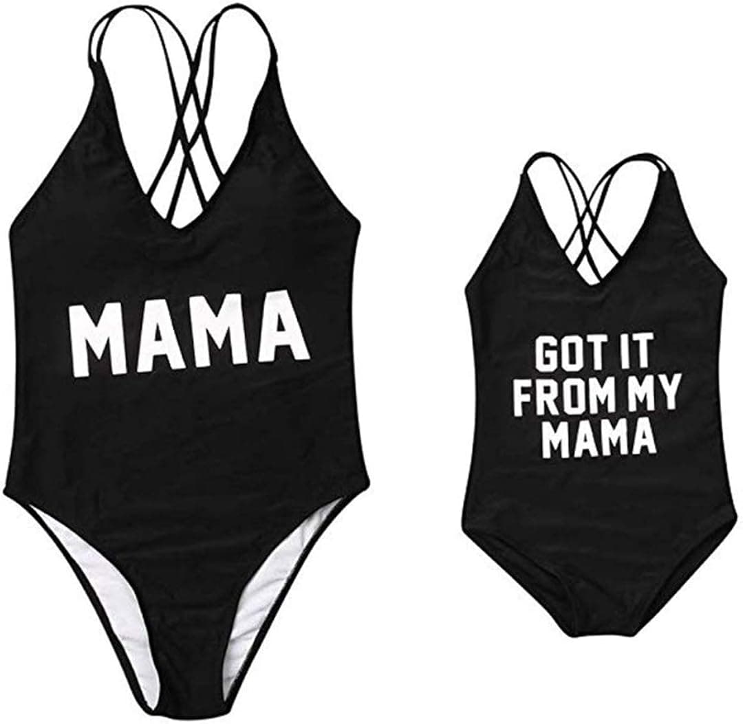 Mother Girl Swimwear Mommy and Me Matching One Piece Beach Wear Family Letters Print Cross Back Sporty Monokini