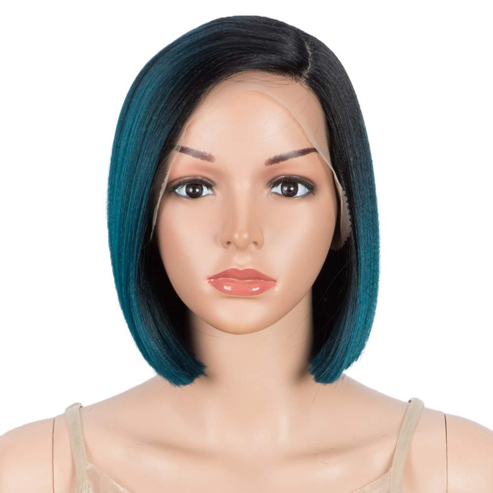 DÉBUT Lace Front Wigs for Black Women Bob Wigs for White Women Synthetic Hair 9.5" 120g Natural Straight Swiss Lace Heat Resistant Fibers Half Hand Tied (Simulated Scalp 9.5", TT1B/DTEAL)