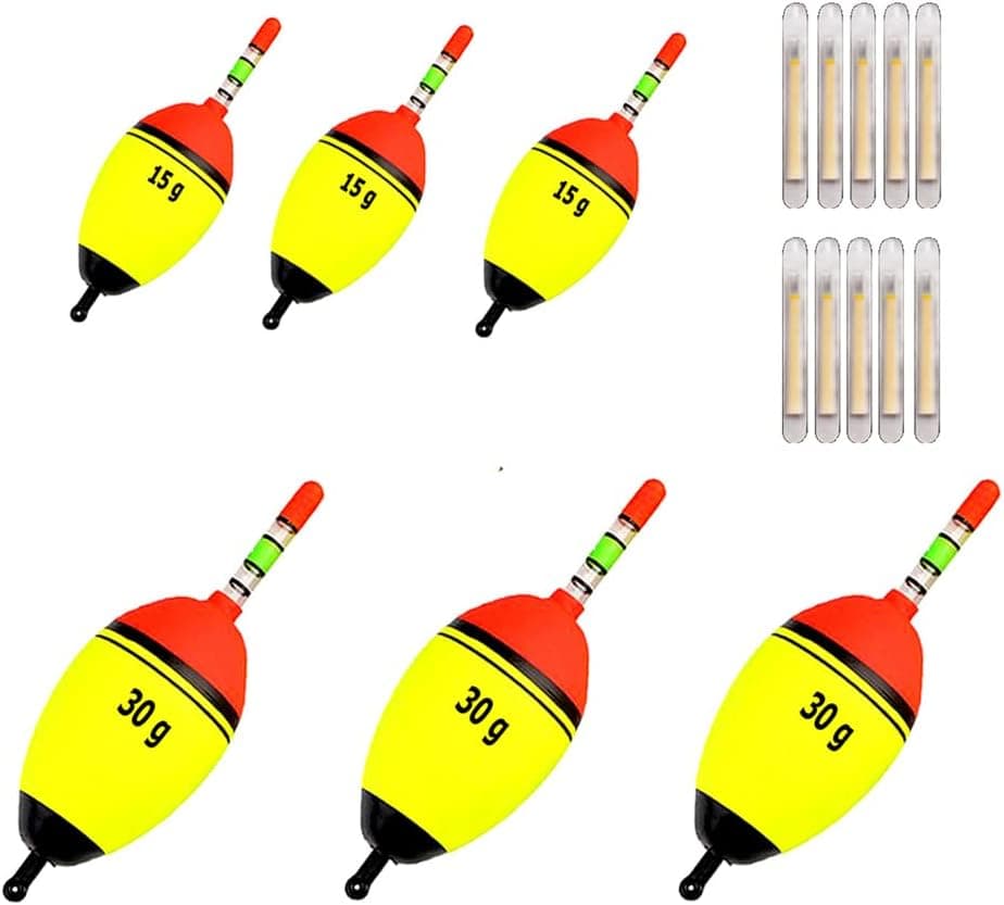 FASPLORE 6 Pcs Fishing Floats and Bobbers Come with 10 pcs Glow Sticks Slip Bobbers Glow Bobber Egg Shape Bobber 0.5oz / 1oz