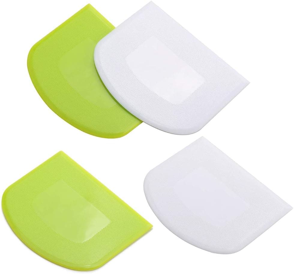 4 Pieces Dough Scraper Bowl Scraper Food-safe Plastic Dough Cutter Flexible Plastic Scraper Bench Scraper Multipurpose Food Scrappers for Bread Dough Cake Fondant Icing, White, Green