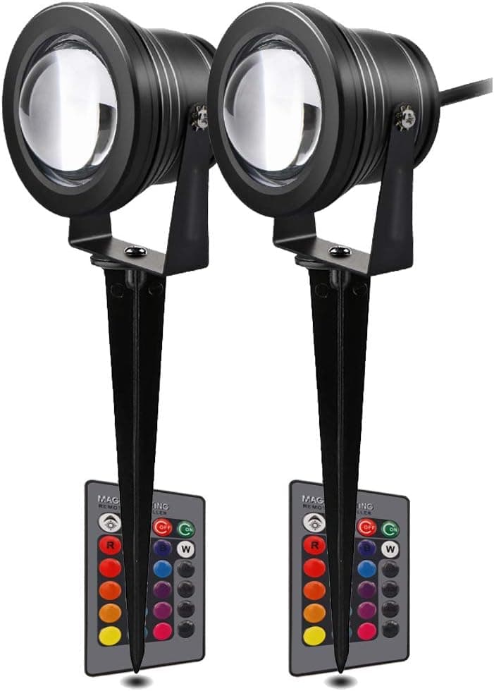 Ourleeme Lawn Flood Light Stake, RGB LED Lawn Light, 10W Underwater Spotlight Waterproof Landscape Lighting with Remote Control Outdoor Wall Lamps for Garden Patio Porch, no Plug (2PACKS)