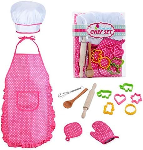 Kids Chef Role Play Costume Set Includes Apron, Chef Hat for Little Girls Chef Set Toddler Dress up Pretend Play Kitchen Chef Costume Set-13pcs Baking Sets Great Gift’s for 3 Year Olds Kids and Up