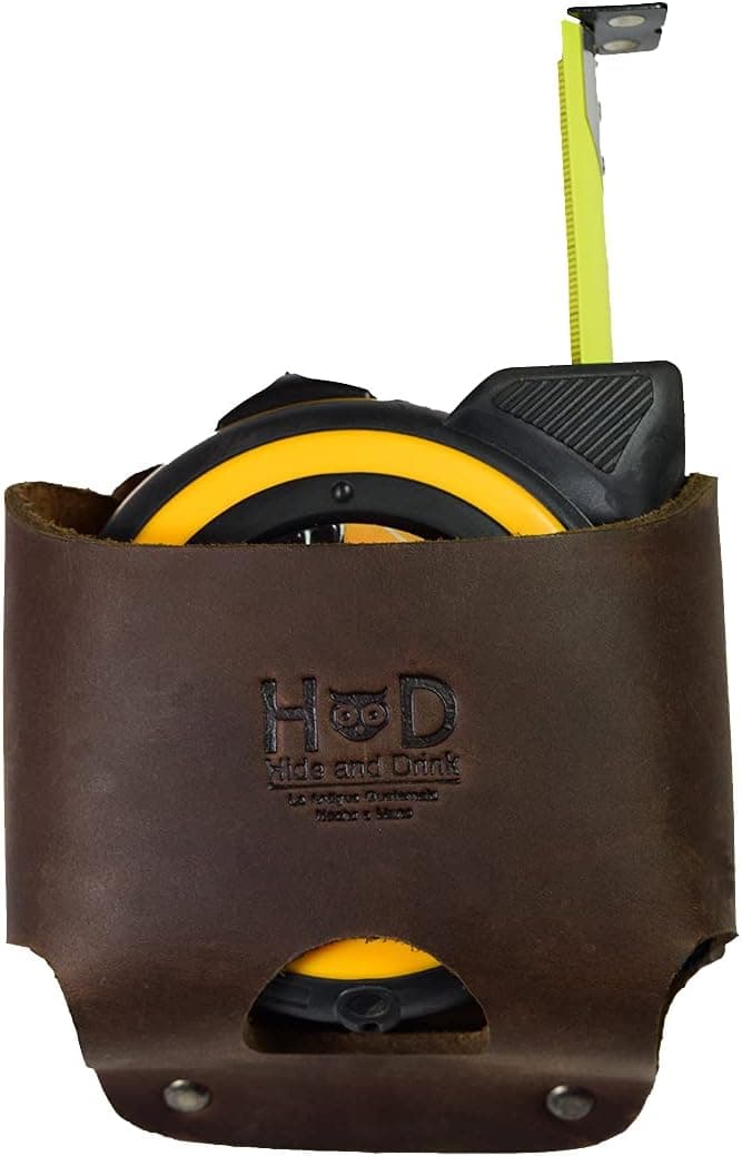 Hide & Drink, Large Leather Tape Measure Holder, Tool Holster w/Easy Belt Loop for Handymen, Carpenters, Electricians, Durable Hammer Pouch, Handmade