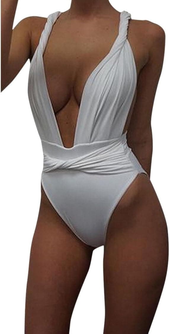 Kisscynest Women's Deep V Neck Twisted Straps One Piece Monokini Swimsuit White