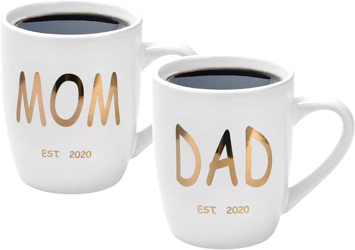 Mom and Dad Mug Set Est 2020 New Mom and Dad Gifts New Parents Gifts Coffee Mug Cup Set Gold Printed White 12 Ounce