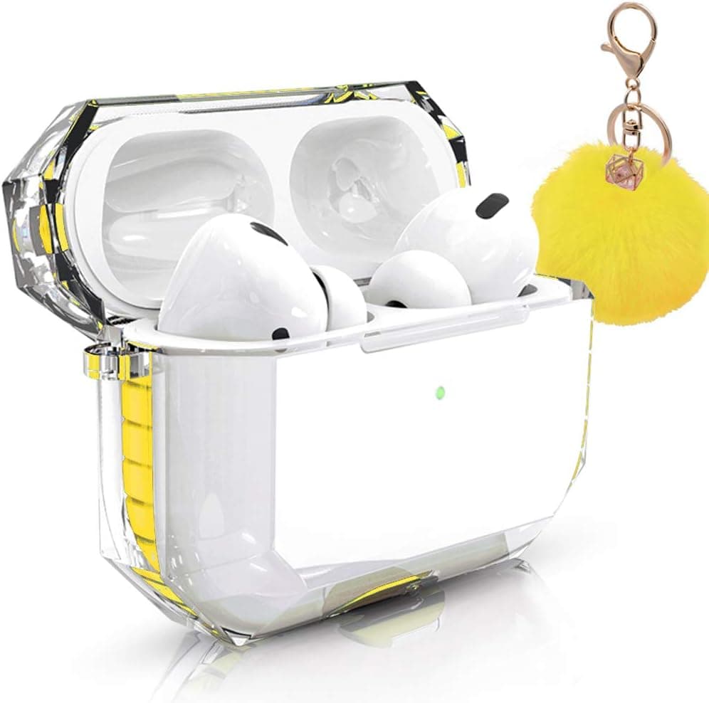 AirPods Pro Case Cover, Zora Shockproof Protective Soft TPU Clear Apple Air Pods Pro Cover Case (Front LED Visible) Headphone Case with Cute Fur Ball Anti-Lost Keychain for Girl (Airpods Pro, Yellow)