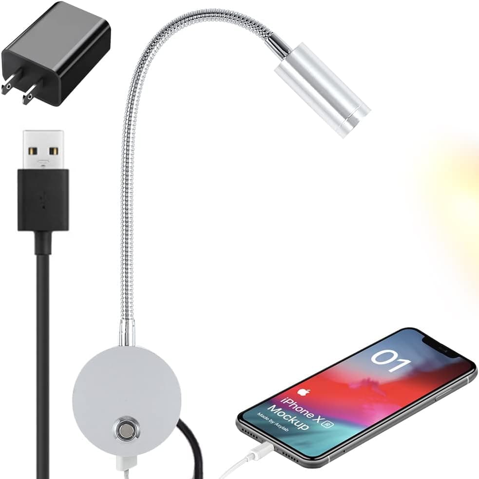 WisHomee Dimmable Wall Mounted Reading Light with USB Charging Port, LED Bedside Wall Lamp with Flexible Gooseneck, Brushed Nickel Finished, Adapter Included(3W Warm White)