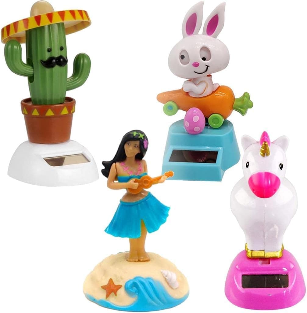 IYSHOUGONG 4Pcs Solar Dancing Cactus Toy Dancing Unicorn Figure Rabbit Hawaii Girl Swinging Animated Bobble Dancer Solar Powered Dancing Dashboard Decorations for Car Interior Party Decorations