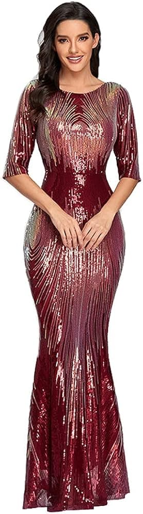 Womens Tulle Mermaid Sequin Long Sleeve Evening Dress Formal Prom Gowns