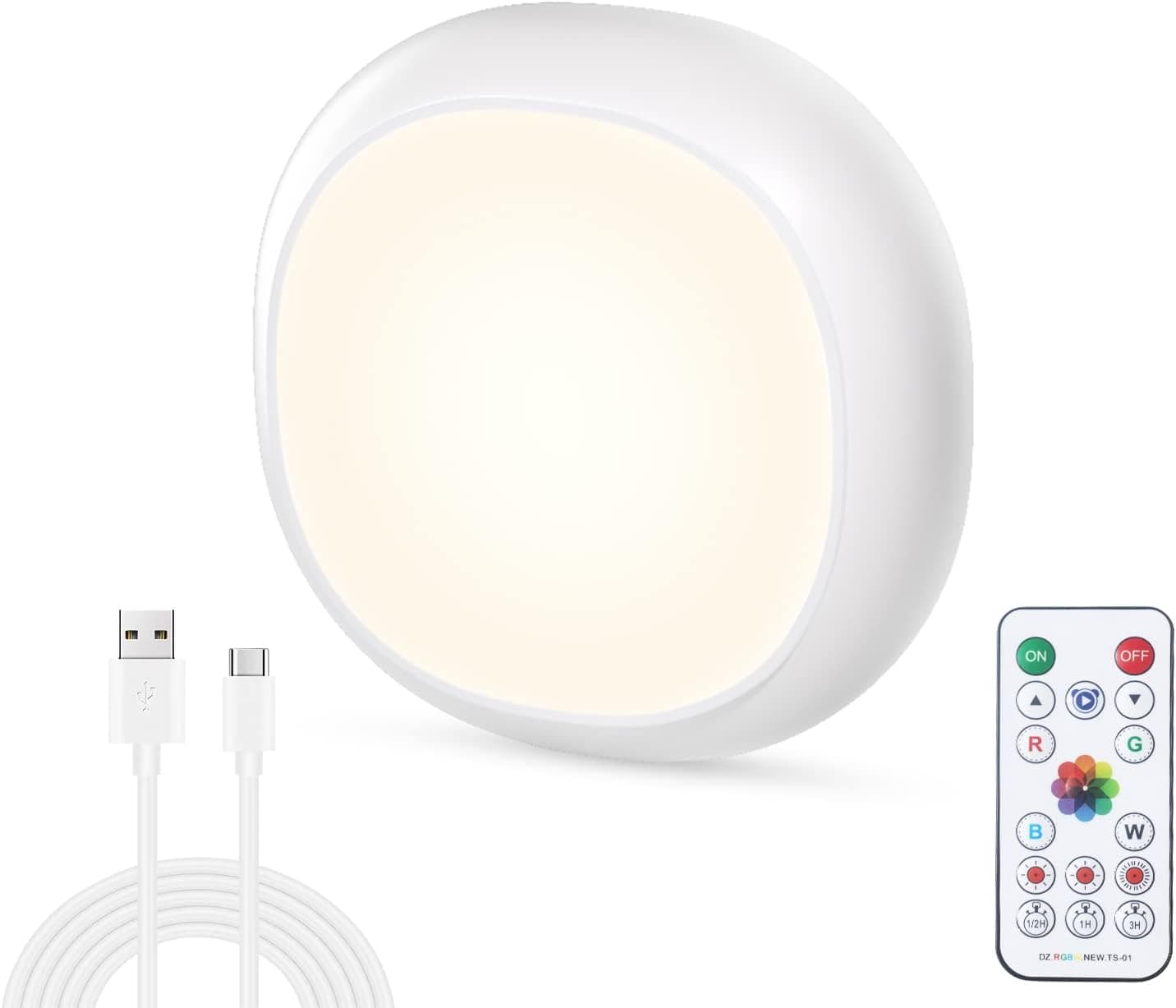 GANA Under Cabinet Lights, LED Puck Lights with Remote, Wireless RGBW 700mAh USB-C Rechargeable Battery Operated Tap Lights, Timed Off, 7 Colors & 3 Modes Dimmable for Closet Bedroom Stairs (1PACK)