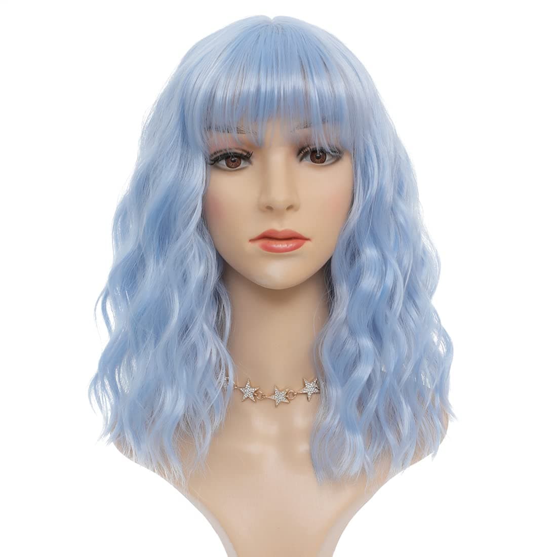 Ariqutba 14 Inch Short Curly Wavy Bob Wigs for Women Synthetic Light Blue Wig Halloween Cosplay Wig for Girls Daily Use Colorful Wigs(14 Inch, Light Blue)