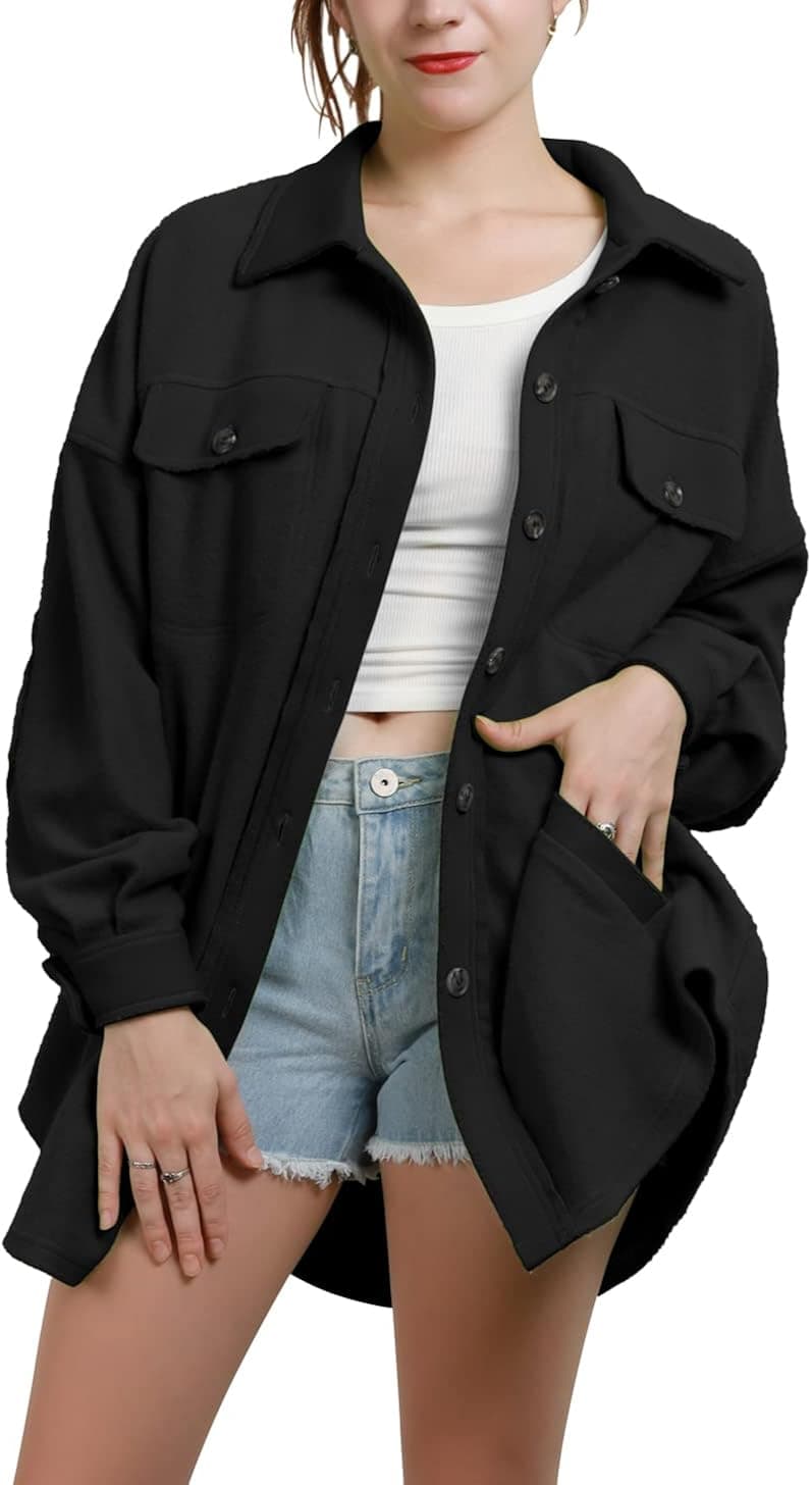 chouyatou Women's Fall Casual Button Down Fuzzy Fleece Jacket Distressed Shacket Jacket
