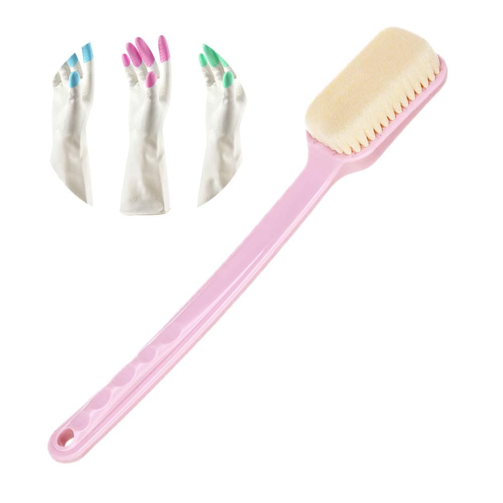 HOCER Long Non-Slip Handle Durable Square Soft Hair Bath Brush Bathroom Cleaning Back Cleaning Brush Exfoliating Dry Brush Free Cleaning Tool (Pink)