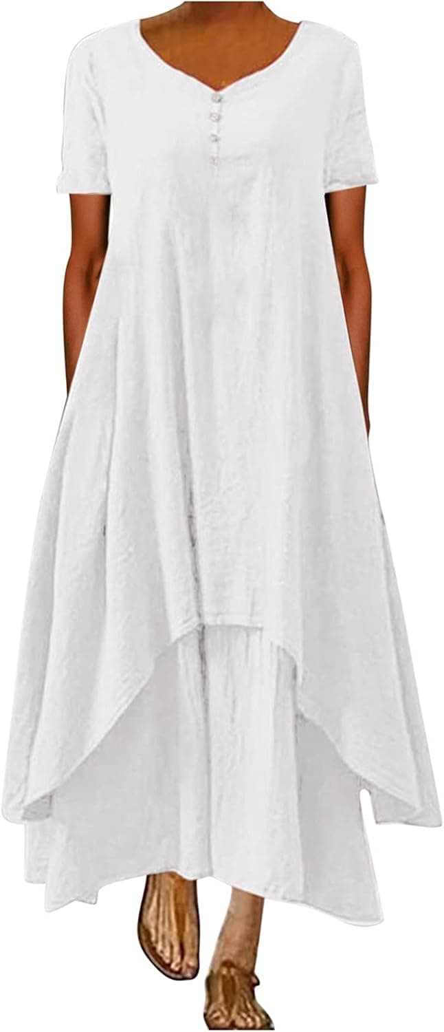 Summer Dresses for Women 2022 Casual Stripe Button V Neck Sleeveless Pocket Long Dress Holiday Dress Floral Party Beach Sundress Midi Dress (White b, M)