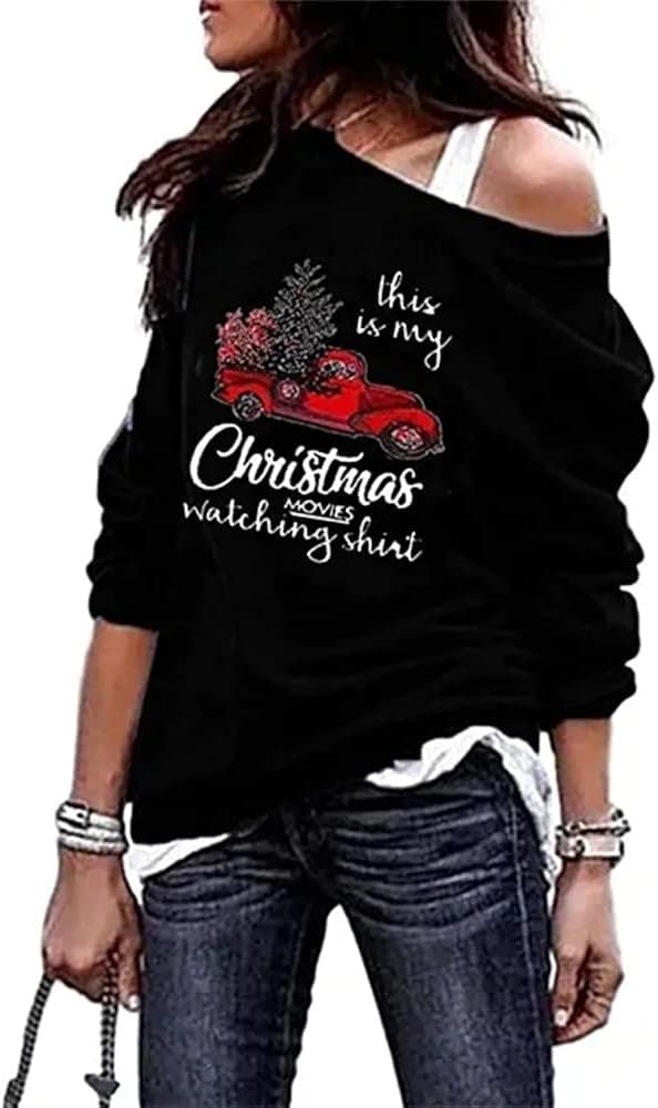 Women's Christmas Off Shoulder Sweatshirts Long Sleeve Casual Graphic Pullover Shirts
